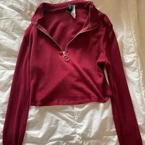 Red crop top half zip long sleeve shirt